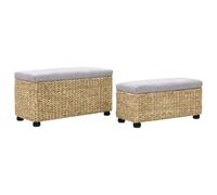 Set di 2 Panche in Giunco con Cuscino Grigio e Gambe in Legno | Giunco e, gambe in pioppo, cuscino spesso, uso versatile, facile montaggio
