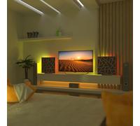 Set di 2 pannelli acustici con lampada da tavolo e retroilluminazione LED RGB | 50x50 cm | Pannelli fonoassorbenti mobili su supporto da tavolo per studio e sala giochi | [SKYROSS | Noce]