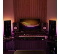 Set di 2 pannelli acustici stretti con lampada da tavolo e illuminazione LED RGB | 25x50cm | Pannelli fonoassorbenti mobili su supporto da tavolo per studio e sala giochi | [PULSAR | Plastica nera]