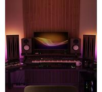 Set di 2 pannelli acustici stretti con lampada da tavolo e illuminazione LED RGB | 25x50cm | Pannelli fonoassorbenti mobili su supporto da tavolo per studio e sala giochi | [PULSAR | Noce]