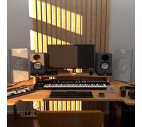 Set di 2 pannelli acustici stretti con lampada da tavolo e illuminazione LED RGB | 25x50cm | Pannelli fonoassorbenti mobili su supporto da tavolo per studio e sala giochi | [WILDS | Plastica bianca]