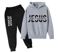 Set di 2 pantaloni della tuta con cappuccio e felpa con cappuccio per bambini, set da 2 pezzi con scritta "Gesù la verità e la vita con cappuccio" Set di tute per bambini a maniche lunghe con