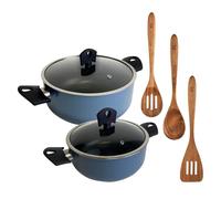 Set di 2 pentole Ø20Ø24 cm con coperchio in alluminio pressato colore blu + set di 3 utensili in legno NOIA San Ignacio