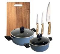 Set di 2 pentole con coperchio Ø20Ø24 cm in alluminio pressato colore blu + 3 manici in acciaio inox + tagliere 40 x 25 cm NOIA San Ignacio