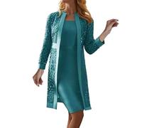 Set di 2 pezzi, abito da donna in tinta unita + maniche lunghe in pizzo cardigan senza maniche con scollo rotondo, abito da sera, abito da cocktail, abito da damigella d'onore, A E-1, L