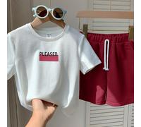 Set di 2 pezzi casual, comodo, alla moda, semplice, versatile, morbido e confortevole per giovani ragazzi con maglietta a maniche corte stampata con lettere a contrasto e pantaloncini, adatto per l'us