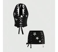 Set di 2 pezzi composto da body corto con scollo ad aletta e stampa a stelle in argento metallizzato e minigonna a vita ultra bassa in stile punk L,M,S,XL,XSGeometrico,HalloweenTessuto in maglia