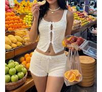 Set di 2 pezzi composto da canotta con decorazione in pizzo e farfalla traforata sul petto e mini shorts a vita super bassa con spacco alto L,M,S,XSBlocchi di colorePoliestere,Tessuto in maglia