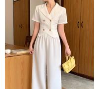 Set di 2 pezzi composto da top a collo corto con orlo curvo e pantaloni a zampa d'elefante, in tinta unita bianca, casual, adatto per la scuola, elegante e casual 14Y,13Y,16Y,15YColore unicoPoliestere