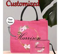 Set di 2 pezzi con borsa shopper e pochette con motivo di corona floreale personalizzata, borsa in lino da donna di grande capacità, borsa da spiaggia, borsa casual portatile, adatta per viaggi quotid