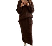 Set di 2 pezzi con gonna lunga invernale a trecce grosse da donna, oversize, stile casual, Marrone, 5XL