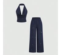 Set di 2 pezzi con top corto a canottiera luccicante e pantaloni larghi e morbidi, abbigliamento alla moda per feste L,M,S,XSColore unicoTessuto in maglia