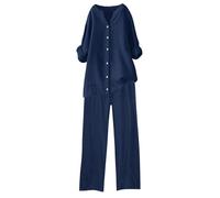 Set di 2 pezzi da donna camicia a maniche lunghe con risvolto bottoni a maniche lunghe pantaloni a gamba larga con tasche Set casual da donna tinta unita alla moda casual in cotone e lino camicia a