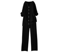 Set di 2 pezzi da donna camicia a maniche lunghe con risvolto bottoni a maniche lunghe pantaloni a gamba larga con tasche Set casual da donna tinta unita alla moda casual in cotone e lino camicia a