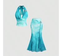 Set di 2 pezzi da donna composto da top corto ahalter senza schiena e minigonna stampata con stelle marine sfumate, ideale per vacanze ai tropici L,M,S,XSTessuto