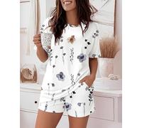 Set di 2 pezzi da donna con stampa a cuore e farfalla maglietta a maniche corte casual pantaloncini elastici in vita pantaloncini da notte quotidiani
