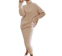 Set di 2 Pezzi da Donna in Maglia, Completo con Maniche Lunghe, Top in Maglia e Gonna in Maglia, Maglione con Collo Alto, Abito in Maglia, Outfit Autunno Inverno, Abito Midi Lungo, beige, 5XL