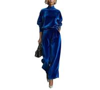 Set di 2 pezzi da donna in velluto a collo alto a maniche lunghe con top allentato e tasca elastica in vita casual pantaloni a gamba larga set due pezzi invernale per le donne, Blu, M