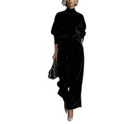 Set di 2 pezzi da donna in velluto a collo alto a maniche lunghe con top allentato e tasca elastica in vita casual pantaloni a gamba larga set due pezzi invernale per le donne, Nero , M