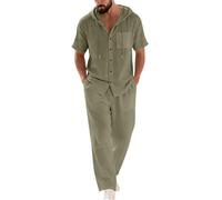 Set di 2 pezzi da uomo in lino, abiti estivi a maniche corte con camicia a bottoni e pantaloni larghi, outfit per la spiaggia e le vacanze, abbigliamento da lounge, Verde scuro, L