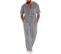 Set di 2 pezzi da uomo in lino, abiti estivi a maniche corte con camicia a bottoni e pantaloni larghi, outfit per la spiaggia e le vacanze, abbigliamento da lounge, Grigio scuro, XL