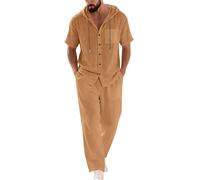 Set di 2 pezzi da uomo in lino, abiti estivi a maniche corte con camicia a bottoni e pantaloni larghi, outfit per la spiaggia e le vacanze, abbigliamento da lounge, Giallo, L