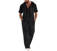 Set di 2 pezzi da uomo in lino, abiti estivi a maniche corte con camicia a bottoni e pantaloni larghi, outfit per la spiaggia e le vacanze, abbigliamento da lounge, Nero , 3XL
