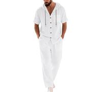 Set di 2 pezzi da uomo in lino, abiti estivi a maniche corte con camicia a bottoni e pantaloni larghi, outfit per la spiaggia e le vacanze, abbigliamento da lounge, bianco, 3XL