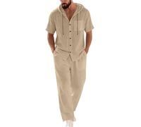 Set di 2 pezzi da uomo in lino, abiti estivi a maniche corte con camicia a bottoni e pantaloni larghi, outfit per la spiaggia e le vacanze, abbigliamento da lounge, cachi, XXL