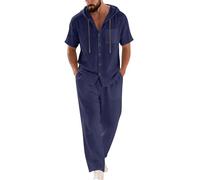 Set di 2 pezzi da uomo in lino, abiti estivi a maniche corte con camicia abbottonata e pantaloni larghi, set per abbigliamento da spiaggia e vacanze, abbigliamento da lounge, Marina Militare, M
