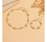 Set di 2 pezzi di collana e bracciale a catena fatti a mano con conchiglie, stelle marine e perle finte, stile oceanico estivo alla moda, gioielli dorati raffinati per donne, vacanza al mare, festa, u