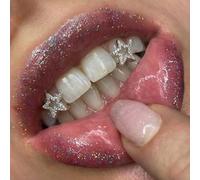 Set di 2 pezzi di gioielli per denti personalizzati hip-hop con stella a cinque punte cava in zirconia lucida, regalo unisex per le vacanze, divertente accessorio per foto Pentagramma in argento 2 pez