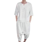 Set di 2 pezzi di lino camicia a maniche corte e pantaloni capri harem, gamba larga, pantaloni da spiaggia, yoga, tuta da uomo, in cotone e lino, A2 bianco., M
