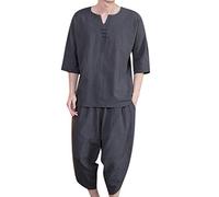 Set di 2 pezzi di lino camicia a maniche corte e pantaloni capri harem, gamba larga, pantaloni da spiaggia, yoga, tuta da uomo, in cotone e lino, A1 grigio scuro, M