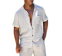 Set di 2 pezzi di lino da uomo a maniche corte, colletto rovesciato, camicie con tasca e pantaloncini, pantaloni da spiaggia estivi, set di colori puro, armadio da sella Western Döring, bianco, XXXL