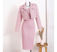 Set di 2 pezzi di moda ed elegante per ragazze adolescenti, composto da giacca corta in tweed rosa a quadri con colletto e bottoni, e vestito aderente di media lunghezza, adatto per l'uso quotidiano i