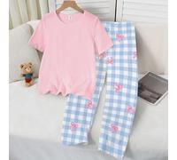 Set di 2 pezzi di pigiama da ragazza adolescente, composto da una maglietta a manica corta a girocollo tinta unita carina e semplice e pantaloni lunghi a quadri blu-rosa con fiocco, comodo abbigliamen