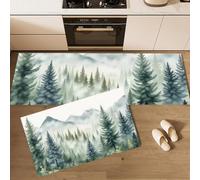 Set di 2 pezzi di tappeti da cucina antiscivolo, tappetini e tappeti Il bosco acquerellato Nuvole, alberi e montagne in lontananza lavabili per cucina, lavanderia, camera da letto, 40x60+40x120cm