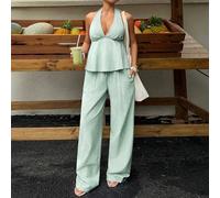 Set di 2 pezzi in cotone a righe blu con canotta con scollo a V profondo, schiena scoperta, volant all'orlo e pantaloni a gamba dritta in vita bassa, adatto a donne per primavera/estate, vacanze, spia