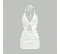 Set di 2 pezzi in maglia a coste con scollo a V e schienale aperto, orlo asimmetrico e laccio sulla schiena, top in colore albicocca e minigonna slim fit, ultra morbido e confortevole, outfit casual d