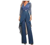 Set di 2 pezzi in mussola di seta e pizzo per ospiti di matrimonio con maniche a 3/4 e strass, blu acciaio, 44