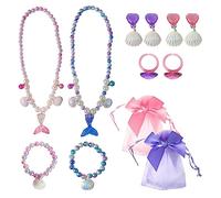 Set di 2 pezzi per bambine a forma di sirena, bracciale e orecchini, set da 4 pezzi, decorazione perline, regalo di compleanno con 2 nastri