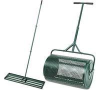 Set di 2 pezzi per la cura del giardino del prato, spargitore di compost da 61 cm e rastrello per livellamento del prato da 89 x 25 cm, con manico a forma di T per giardino e cortile