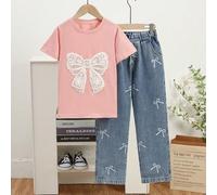 Set di 2 pezzi per ragazze dai 10 ai 12 anni, composto da maglietta a maniche corte con motivo a farfalla e pantaloni casual in jeans, completo adatto per la scuola, primavera/estate 8Y,9Y,10Y,11Y,12Y