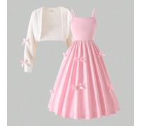 Set di 2 pezzi per ragazze pre-adolescenti: abito canottiera rosa con fiocco decorativo e bolero bianco 8Y,9Y,10Y,11Y,12YA strisceTessuto