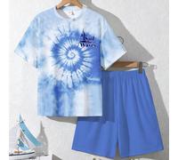 Set di 2 pezzi per ragazzi pre-adolescenti, nuova moda SS26, casual e comodo, tie-dye blu, maglietta con grafica "Sail The Waves" e pantaloncini, adatto per uscite, tempo libero, vacanze in primavera/