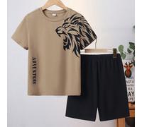 Set di 2 pezzi per Ragazzo Tween, Abbigliamento Casual Estivo Con T-shirt di Leone e Pantaloncini lavorati a Maglia per la Casa 7Y,8Y,9Y,10Y,11Y,12YAnimale,Blocchi di colore,LettereTessuto in maglia
