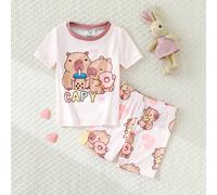 Set di 2 pezzi pigiama casuale e comodo per la casa di ragazze, composto da pantaloncini e maglietta a maniche corte, con stampa di capibara rosa chiaro e cuori 6Y,7Y,4Y,5YAnimale,Fumetto,LettereTessu