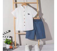 Set di 2 pezzi, Polo casual per ragazzi con cavallo stampato su maniche corte, e Pantaloncini a tinta unita per un comfort senza pari 6Y,7Y,8Y,9Y,10Y,11-12Y,13-14YAnimale,Lettere,DinosauroTessuto