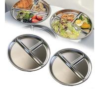 Set di 2 piatti rotondi in acciaio inox con 3 scomparti, progettati per il controllo delle porzioni e la riutilizzabilità, per pasti in famiglia e cene all'aperto